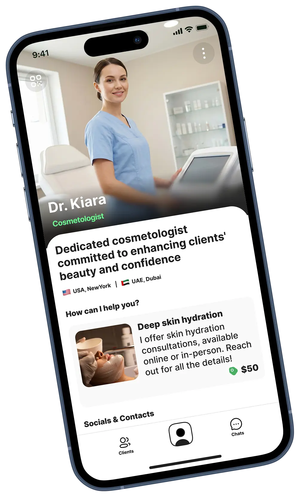 PeopleDo mobile app showing a professional profile on iPhone